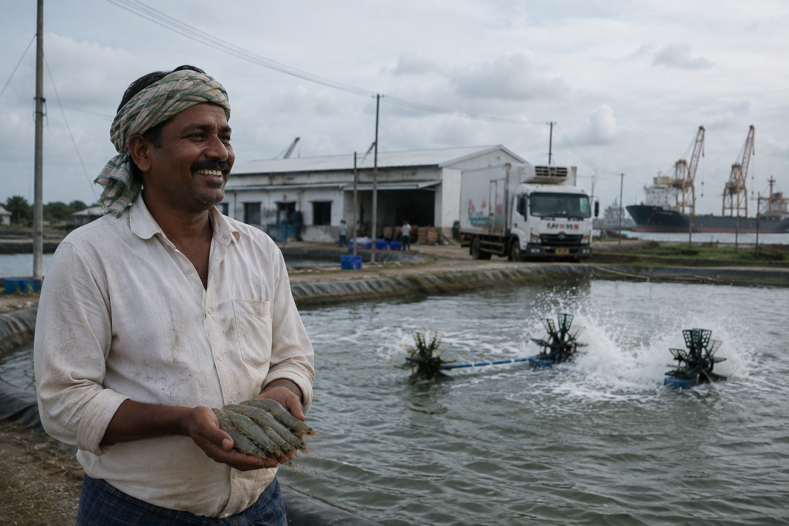 Smart Aquaculture — tablet with pond management dashboard at shrimp farm